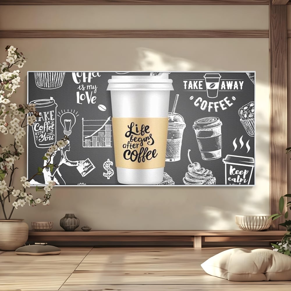 Tablou canvas cu ilustratie tip tabla cu cafea, in rama de aluminiu argintiu